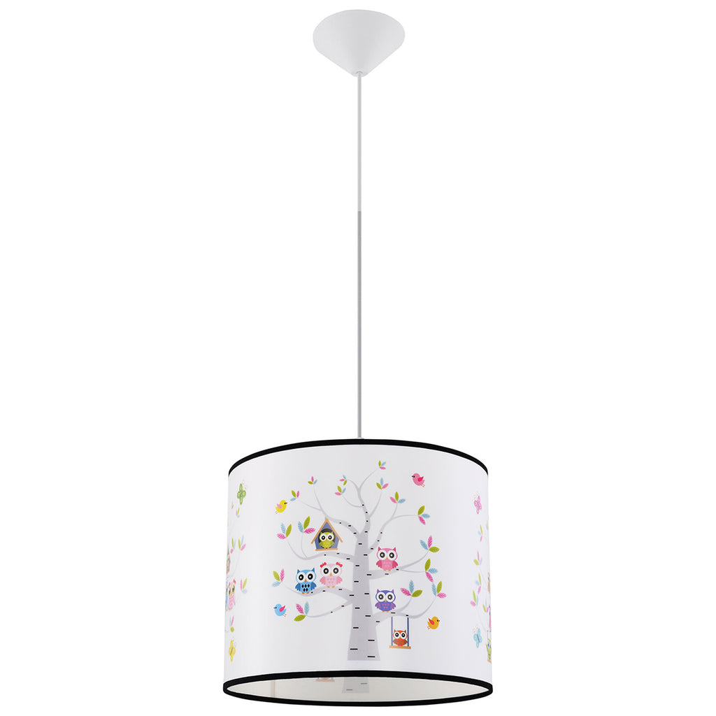 Suspension enfant hiboux 30 cm E27, abat-jour tambour en tissu imprimé de hiboux colorés perchés dans un arbre