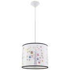 Suspension enfant hiboux 40 cm E27, abat-jour tambour en tissu imprimé de hiboux colorés perchés dans un arbre