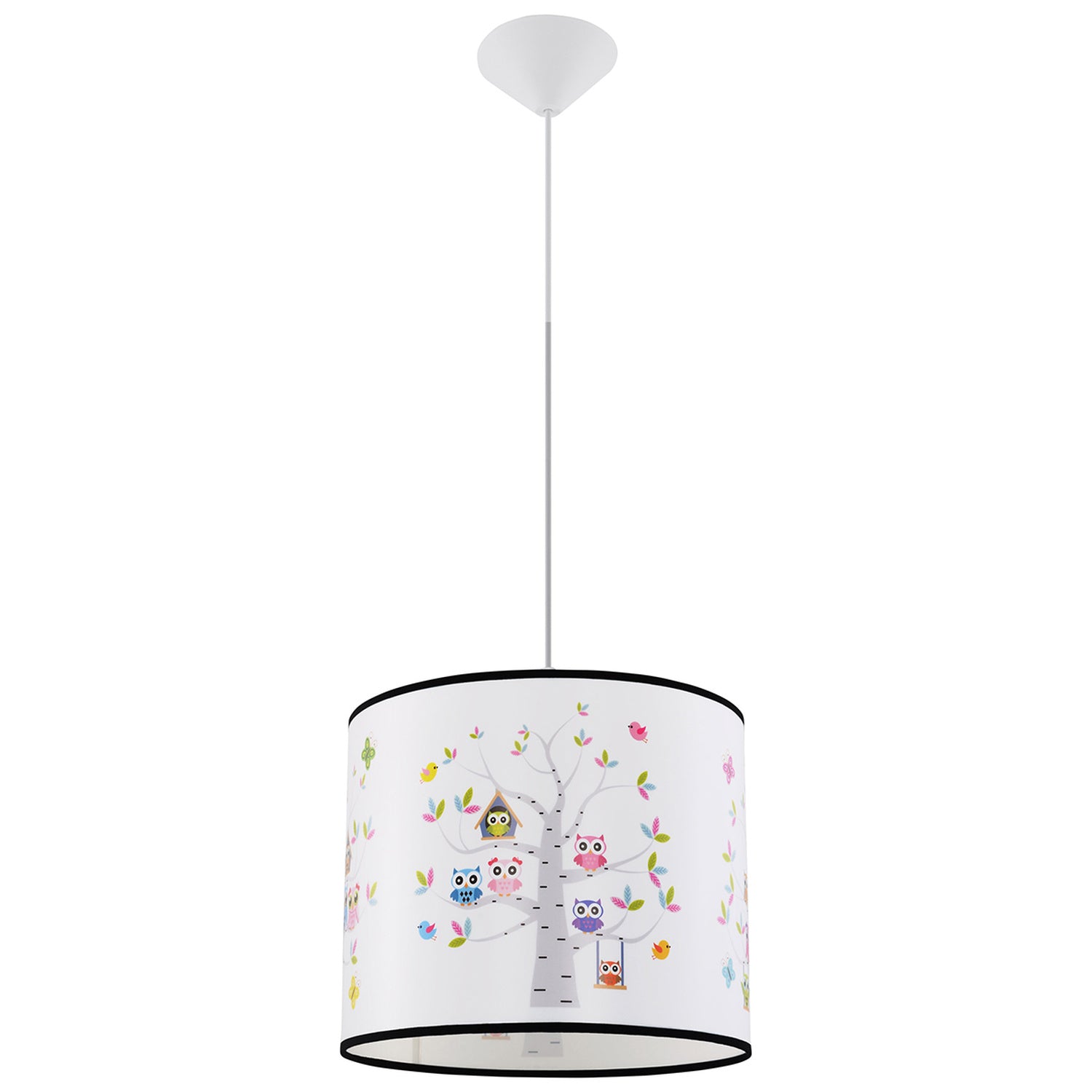 Suspension enfant hiboux 40 cm E27, abat-jour tambour en tissu imprimé de hiboux colorés perchés dans un arbre
