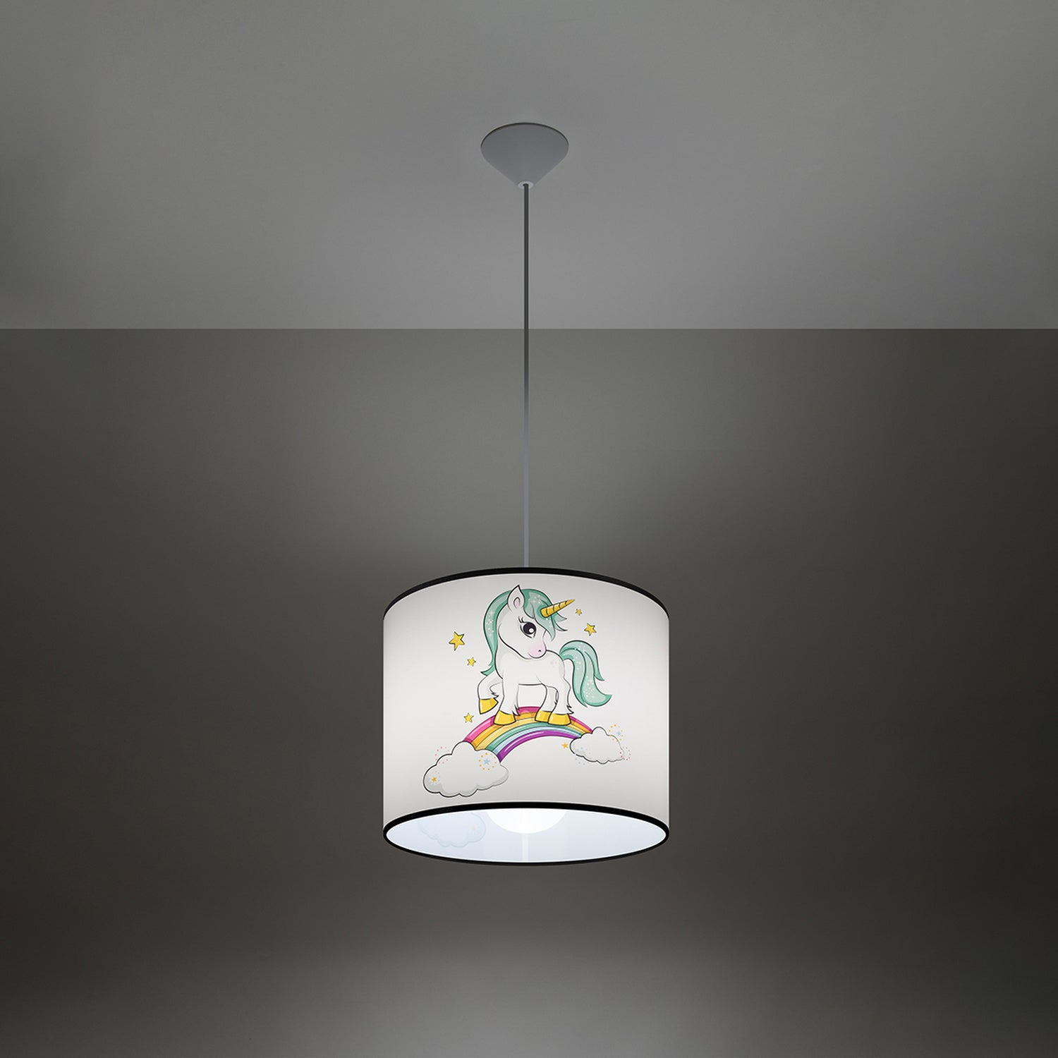 Suspension enfant licorne 30 cm E27 allumée, lumière douce et motif révélé