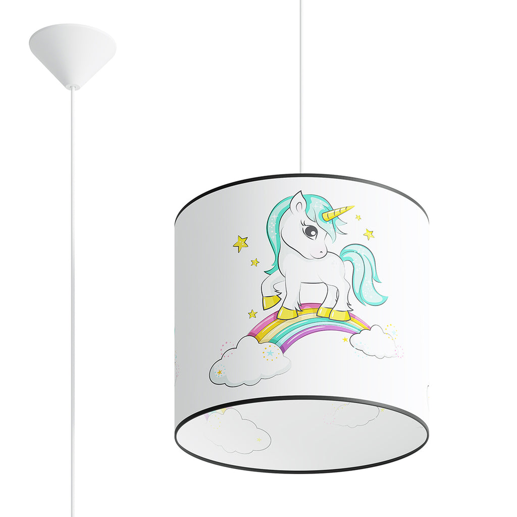 Suspension enfant licorne 30 cm E27, abat-jour tambour en tissu imprimé d'une licorne sur un arc-en-ciel