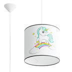 Suspension enfant licorne 30 cm E27, abat-jour tambour en tissu imprimé d'une licorne sur un arc-en-ciel