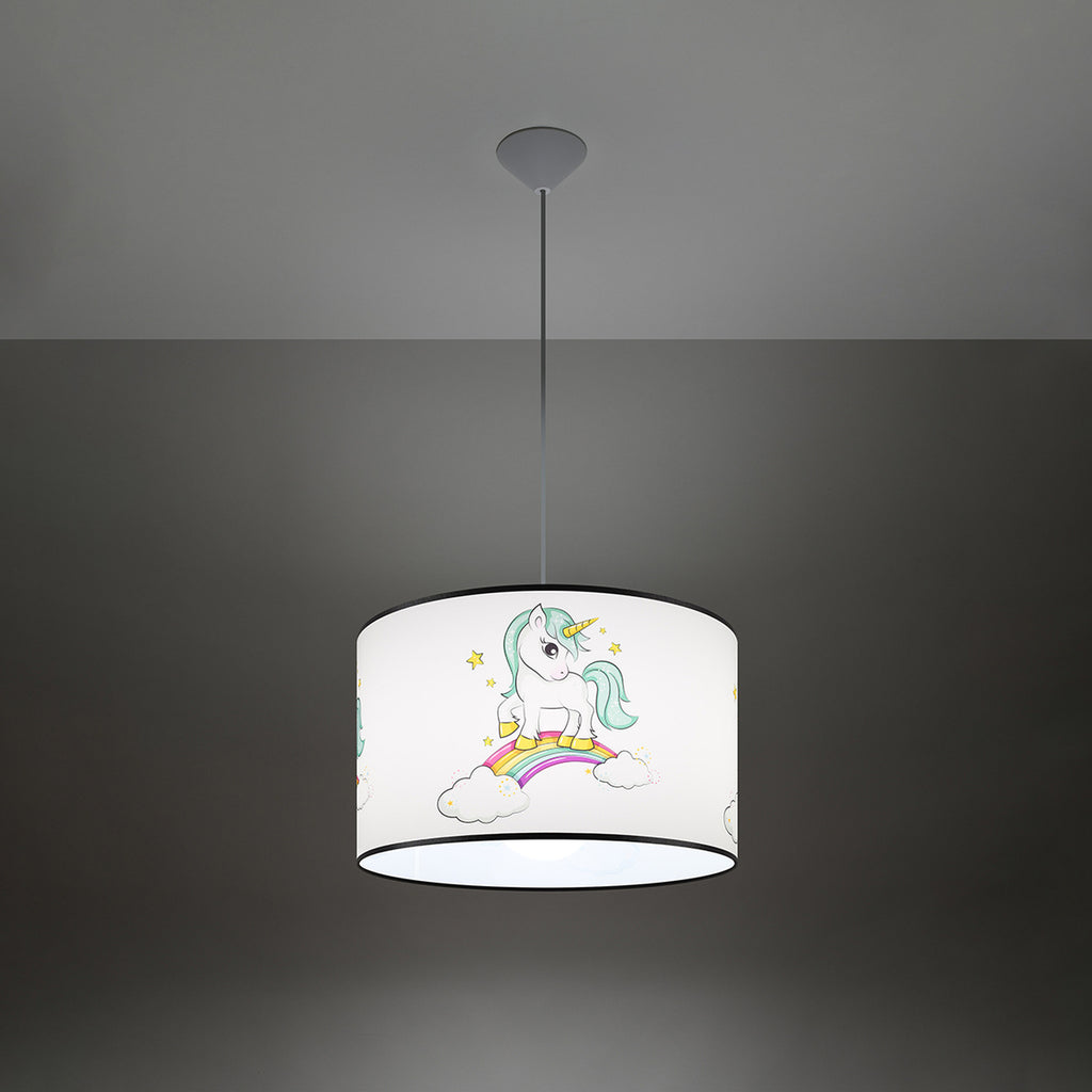 Suspension enfant licorne 40 cm E27 allumée, lumière douce et motif révélé