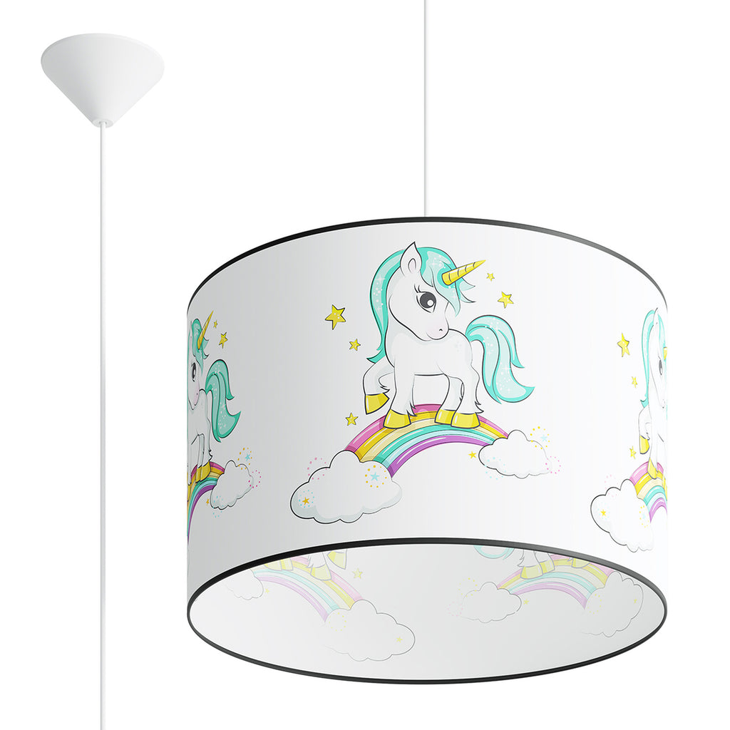 Suspension enfant licorne 40 cm E27, abat-jour tambour en tissu imprimé d'une licorne sur un arc-en-ciel