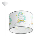 Suspension enfant licorne 40 cm E27, abat-jour tambour en tissu imprimé d'une licorne sur un arc-en-ciel