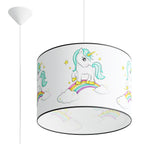 Suspension enfant licorne 40 cm E27, abat-jour tambour en tissu imprimé d'une licorne sur un arc-en-ciel