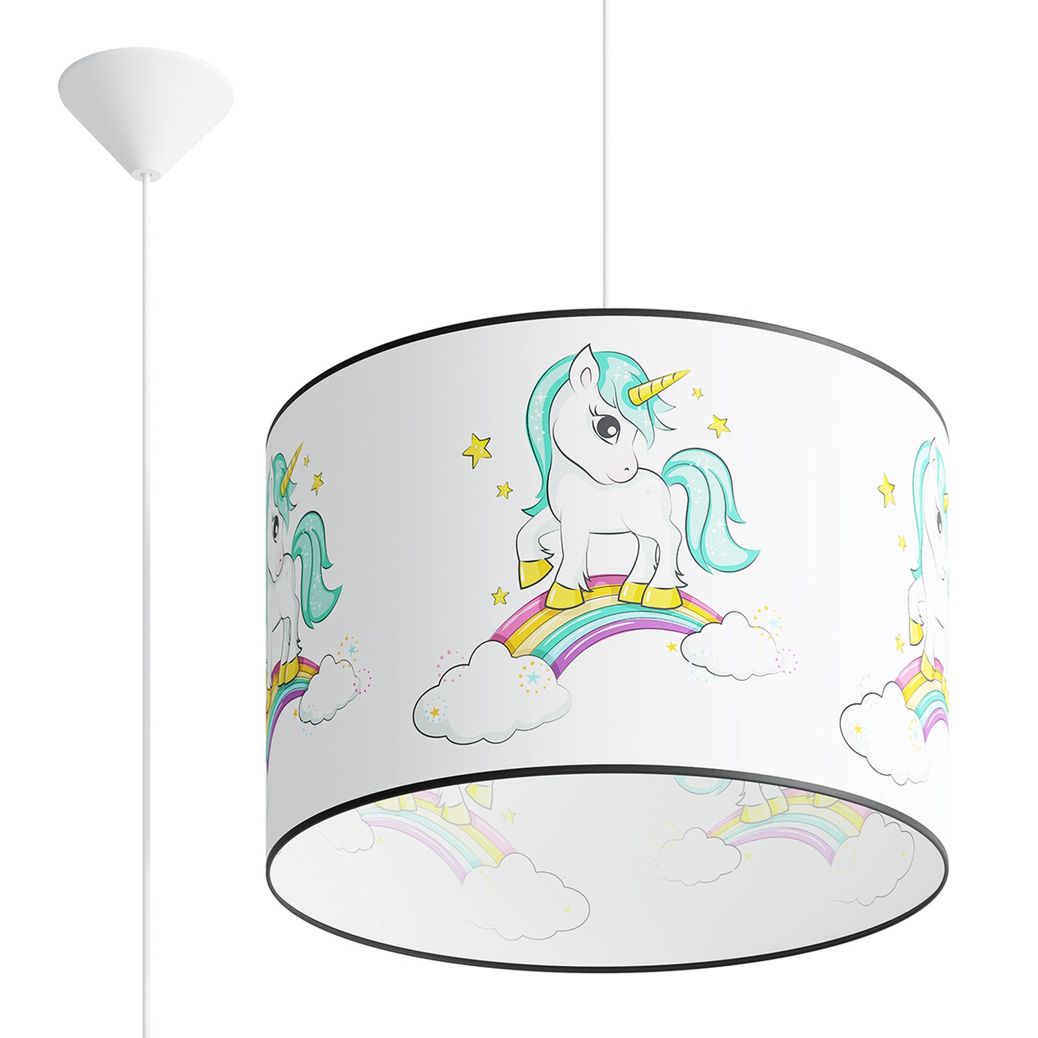 Suspension enfant licorne 40 cm E27, abat-jour tambour en tissu imprimé d'une licorne sur un arc-en-ciel