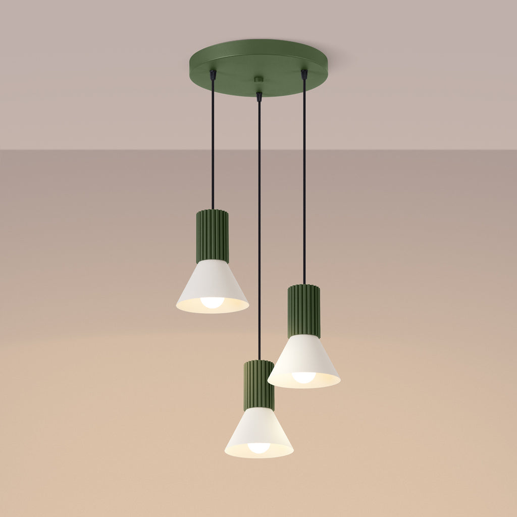 Suspension Estria 3 en grappe cône acier beige et vert olive E14, en éclairage