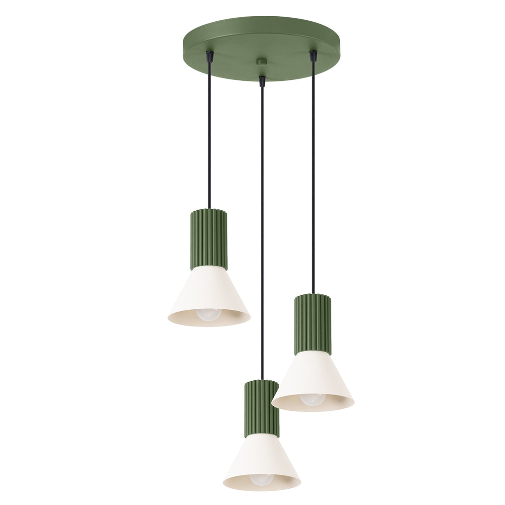 Suspension Estria 3 en grappe cône acier beige et vert olive E14
