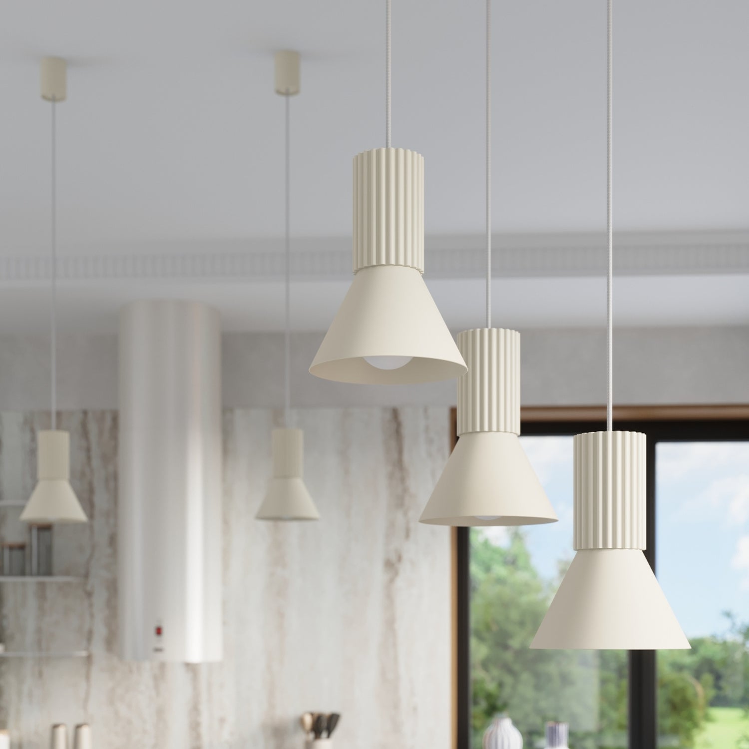 Suspension Estria cône acier beige E14 en situation