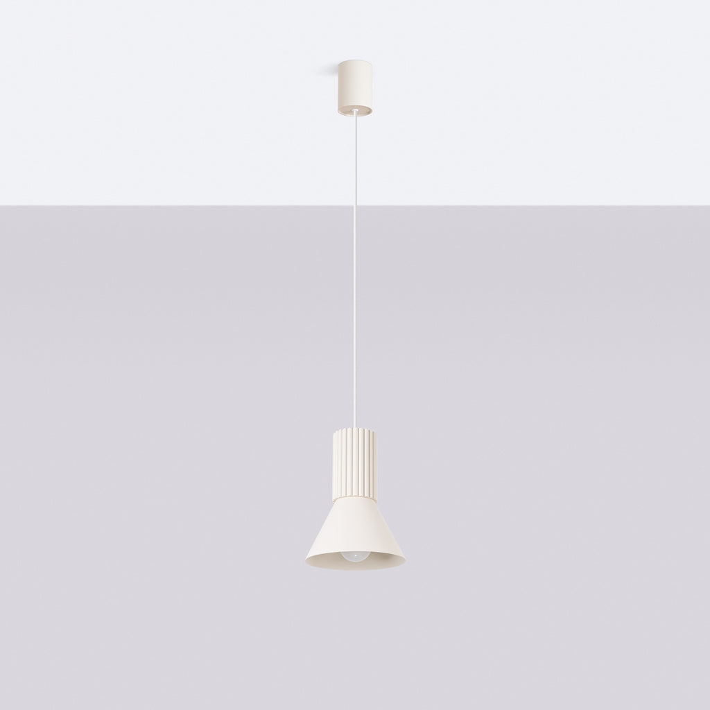 Suspension Estria cône acier beige E14, vue de profil