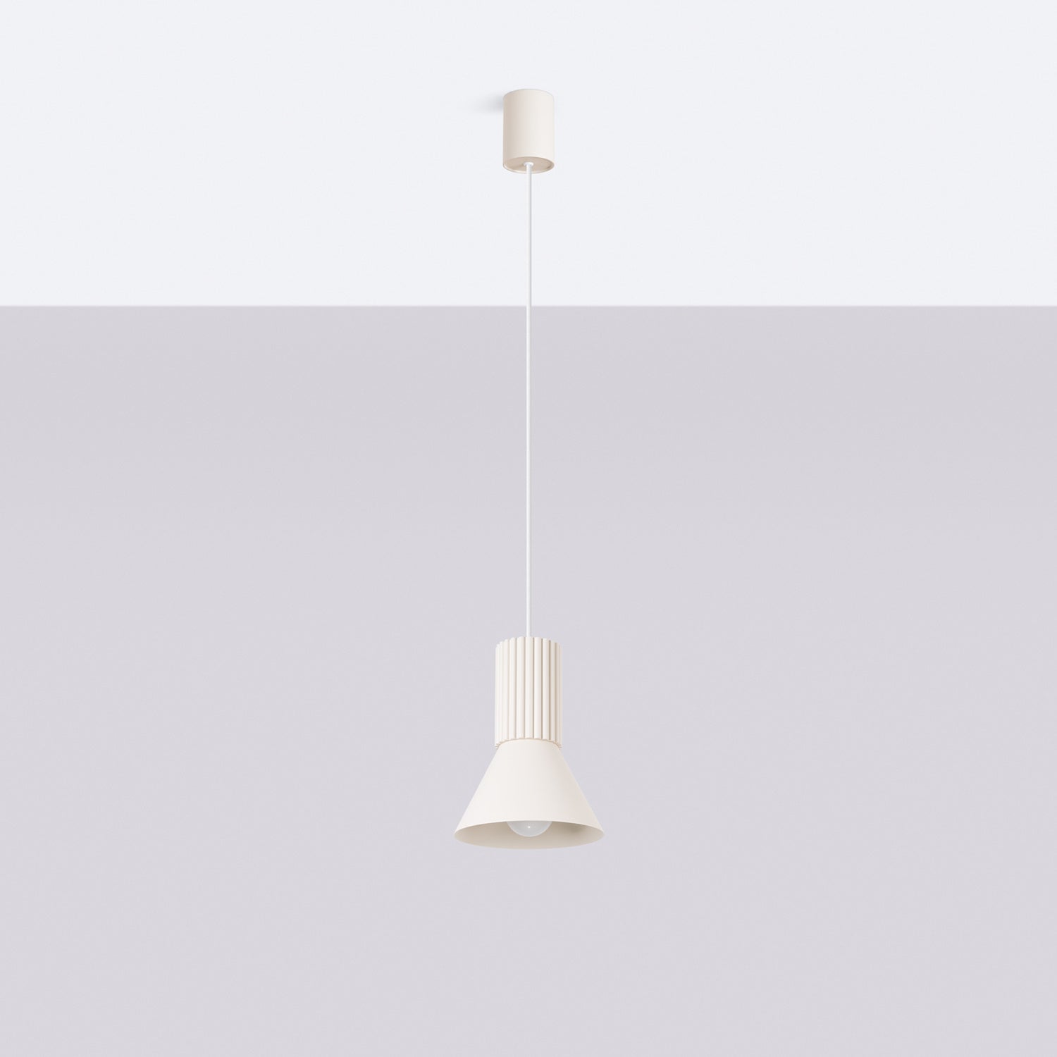 Suspension Estria cône acier beige E14, vue de profil