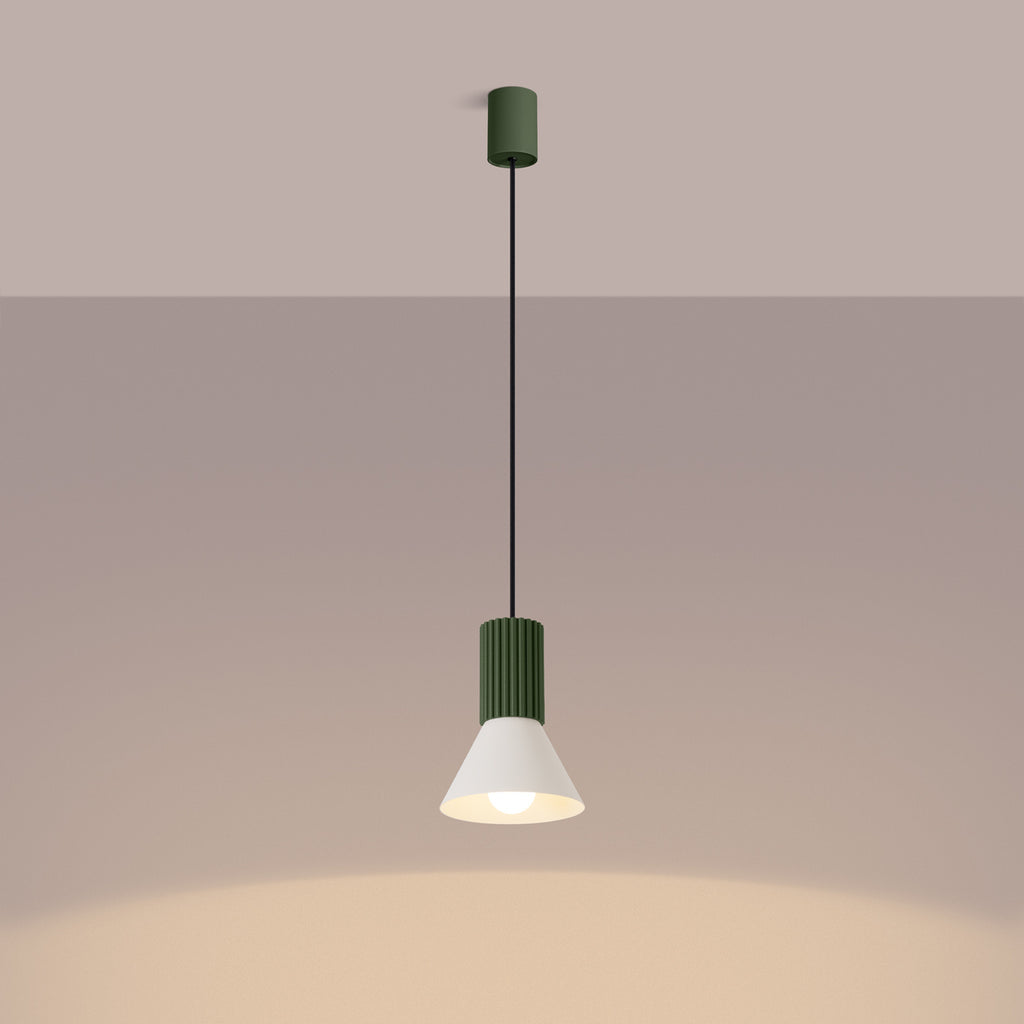 Suspension Estria cône acier beige et vert olive E14, en éclairage