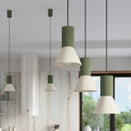 Suspension Estria cône acier beige et vert olive E14 en situation