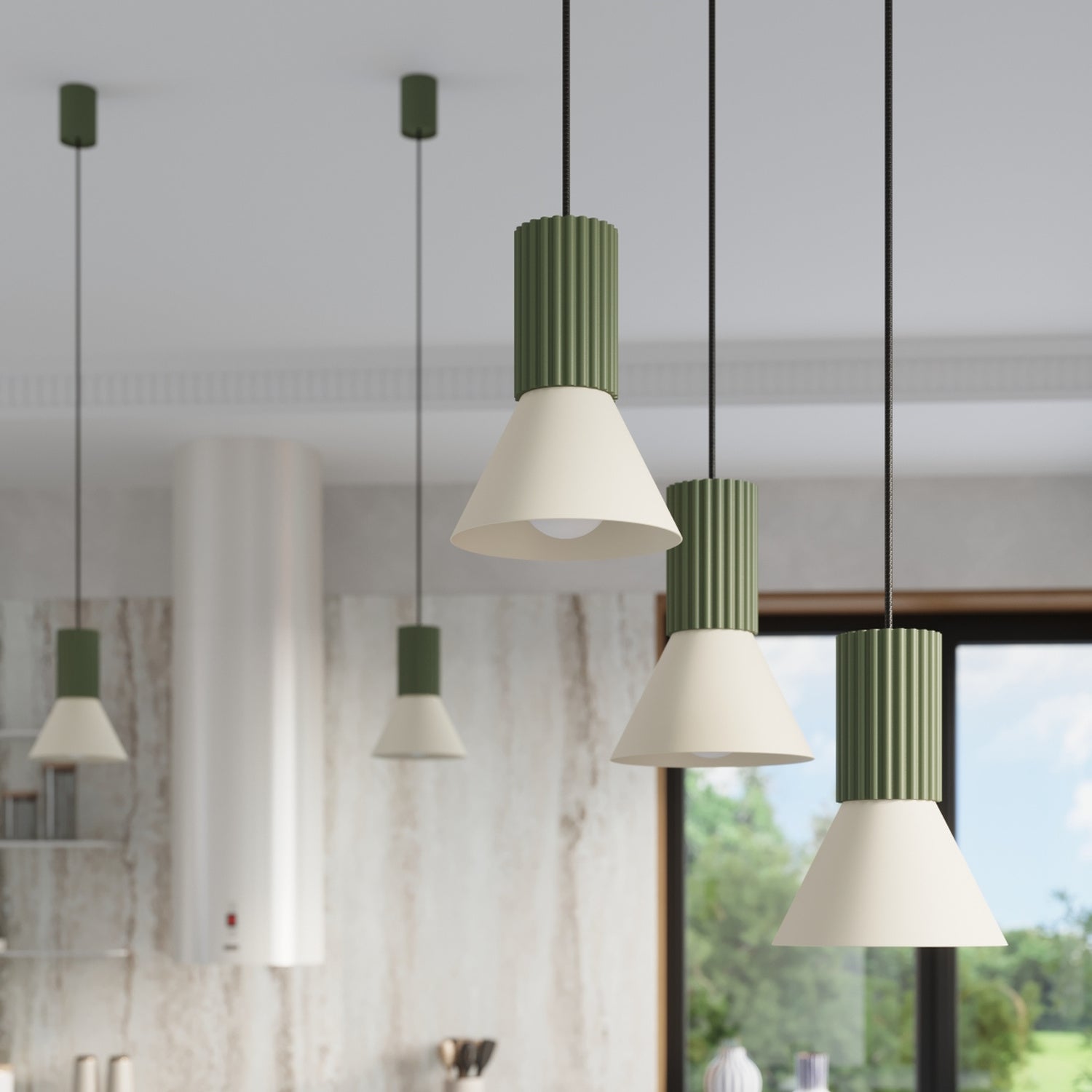 Suspension Estria cône acier beige et vert olive E14 en situation