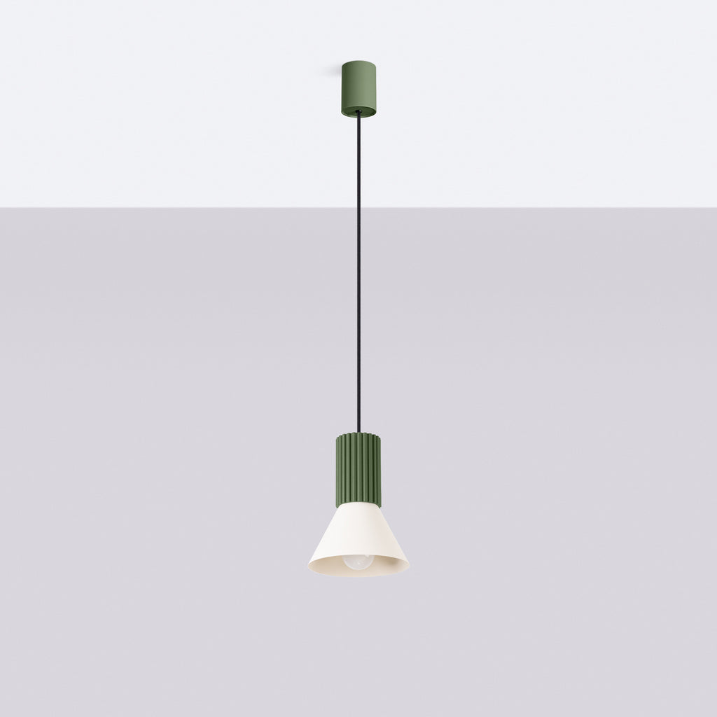 Suspension Estria cône acier beige et vert olive E14, vue de profil