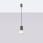 Suspension Estria cône acier beige et vert olive E14, vue de profil
