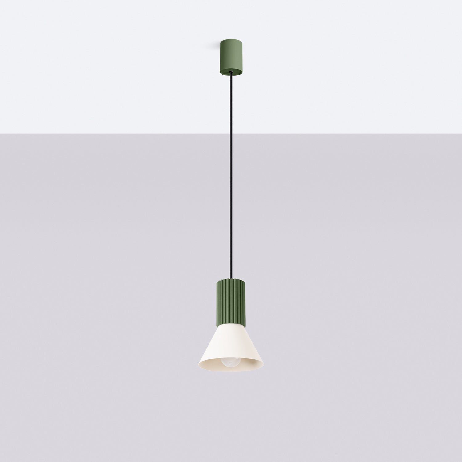Suspension Estria cône acier beige et vert olive E14, vue de profil