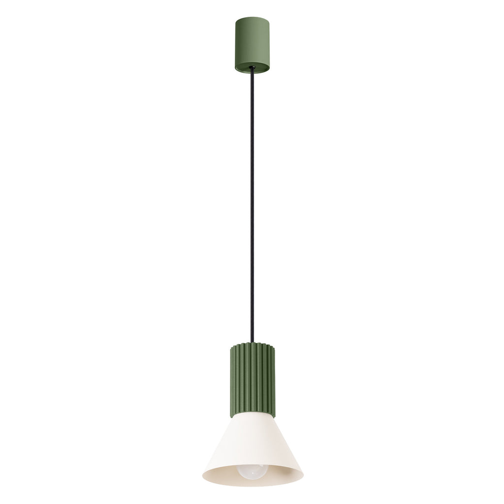 Suspension Estria cône acier beige et vert olive E14