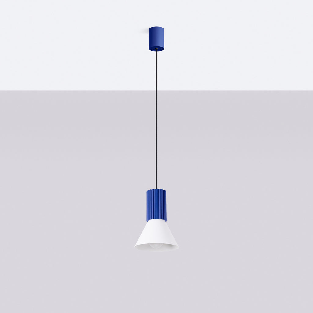 Suspension Estria cône acier blanc et outremer E14, vue de profil