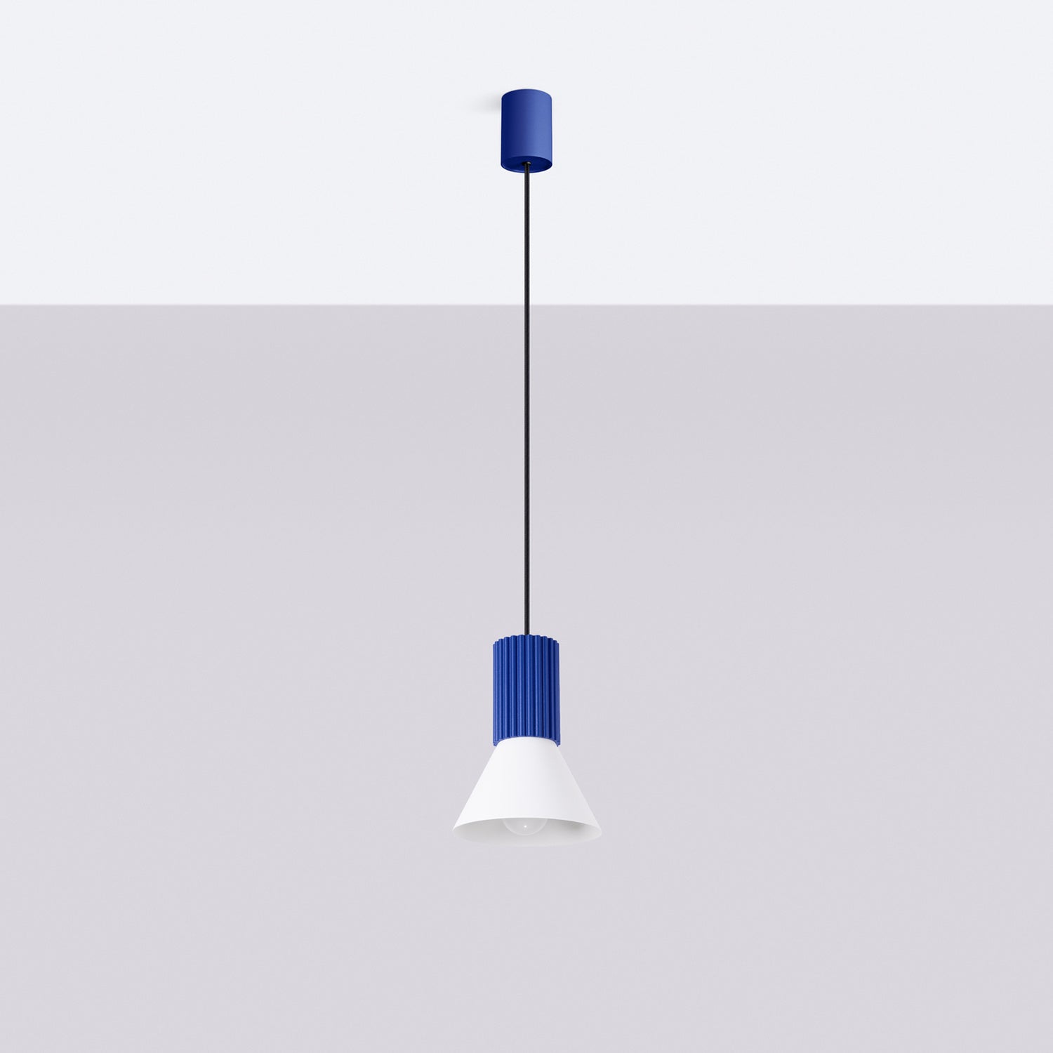 Suspension Estria cône acier blanc et outremer E14, vue de profil