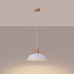 Suspension Fano métal et bois blanc E27 allumée, lumière vers le bas