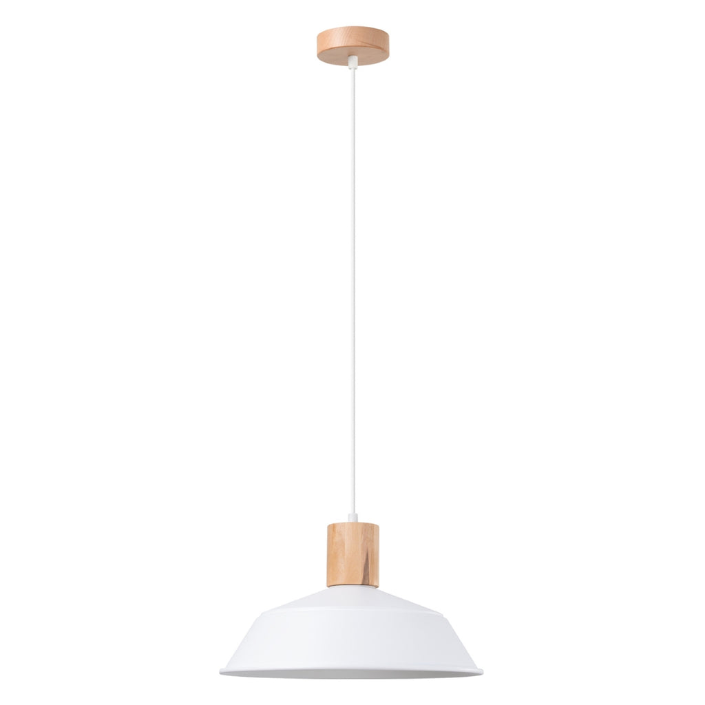 Suspension Fano métal et bois blanc E27, grand abat-jour en métal blanc évasé, coiffé d'un cylindre de bois naturel