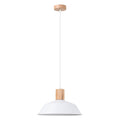 Suspension Fano métal et bois blanc E27, grand abat-jour en métal blanc évasé, coiffé d'un cylindre de bois naturel