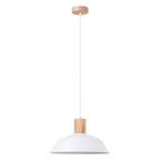 Suspension Fano métal et bois blanc E27, grand abat-jour en métal blanc évasé, coiffé d'un cylindre de bois naturel