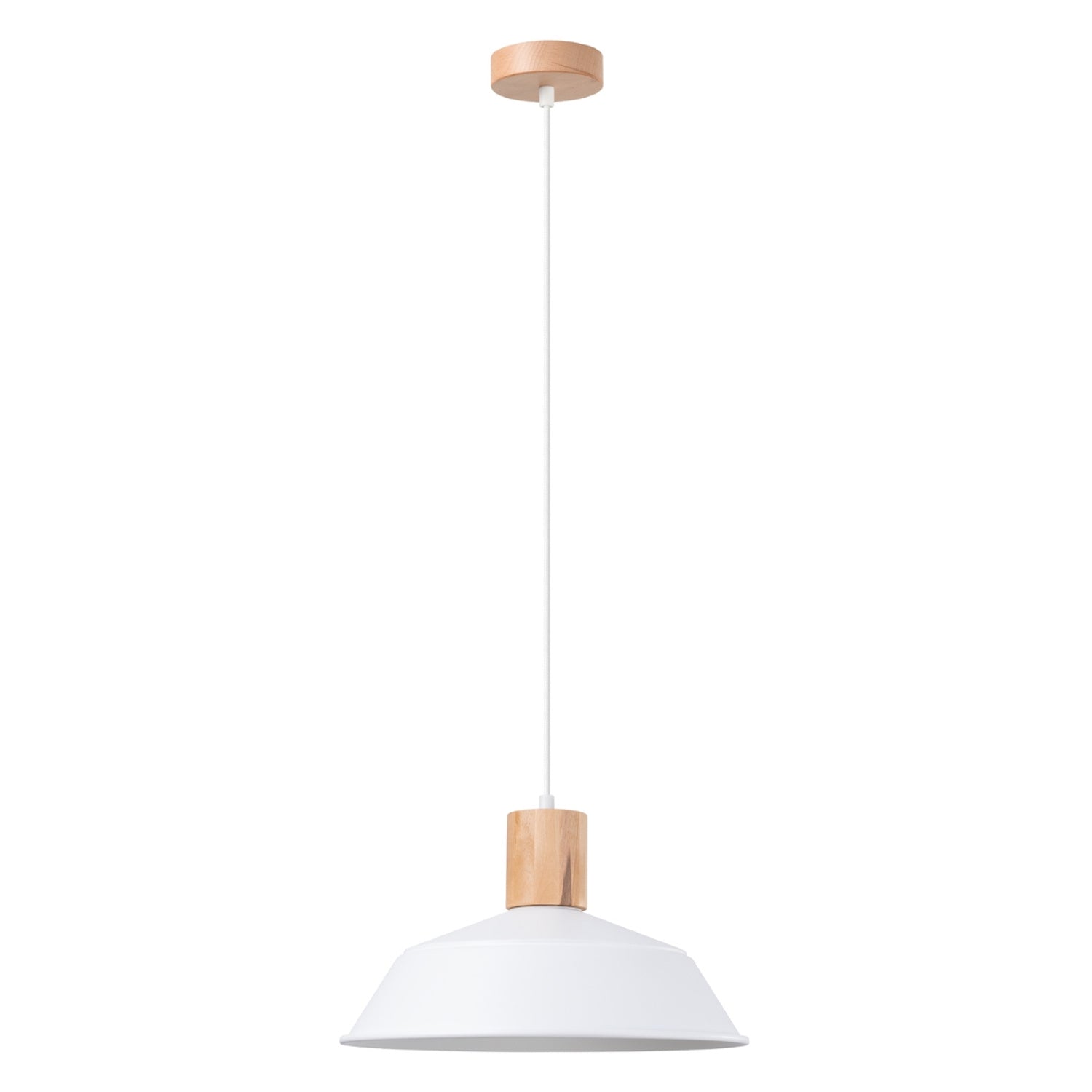 Suspension Fano métal et bois blanc E27, grand abat-jour en métal blanc évasé, coiffé d'un cylindre de bois naturel