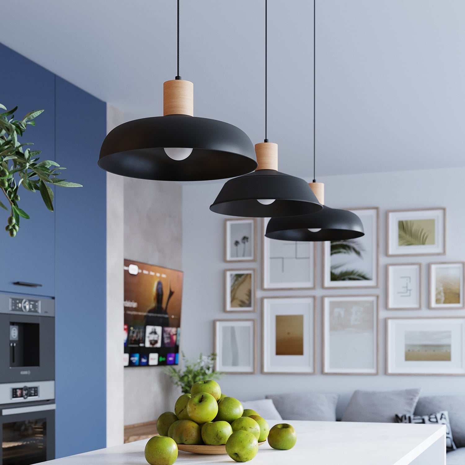 Suspension Fano métal et bois noir E27 en ambiance