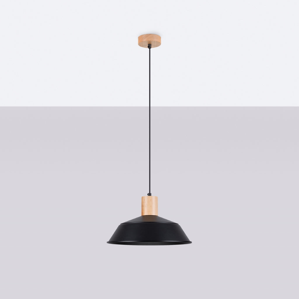Suspension Fano métal et bois noir E27 de profil