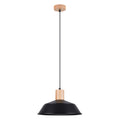 Suspension Fano métal et bois noir E27, grand abat-jour en métal noir évasé, coiffé d'un cylindre de bois naturel