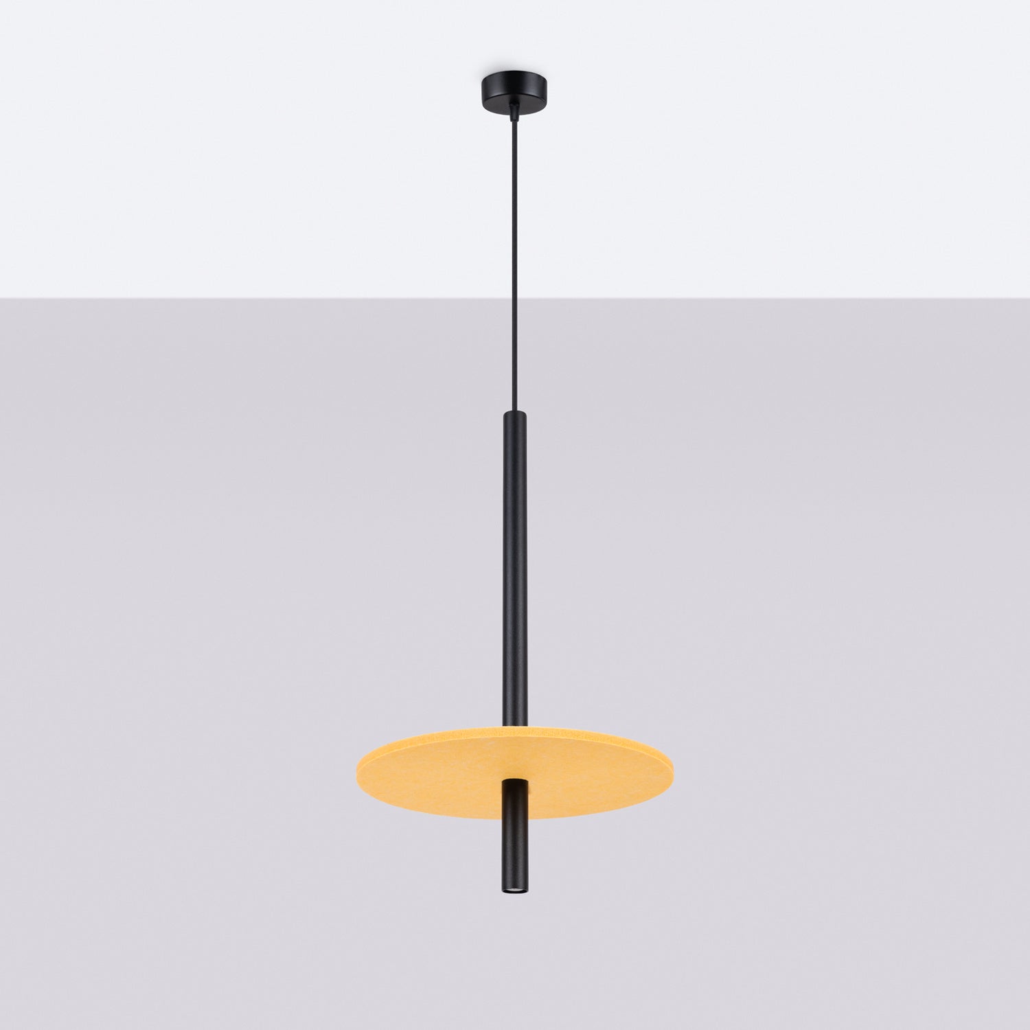 Suspension Feltro disque feutre jaune moutarde et acier noir G9, vue de profil