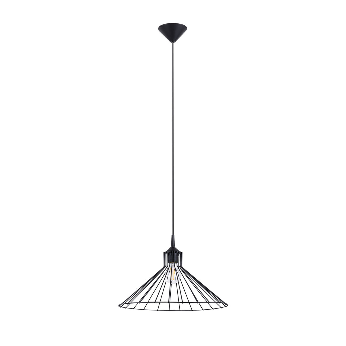 Suspension filaire Eda en acier noir avec abat-jour conique de 40 cm et ampoule à filament apparente