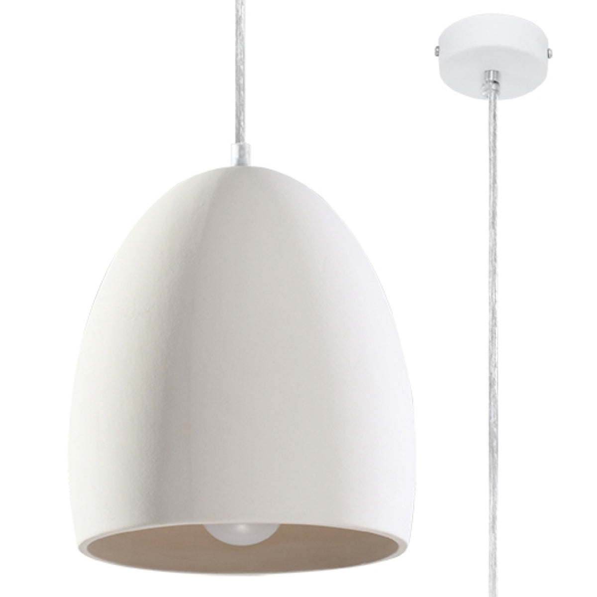 Suspension Flawiusz cloche ovoïde en céramique blanche mate avec câble transparent et rosace blanche
