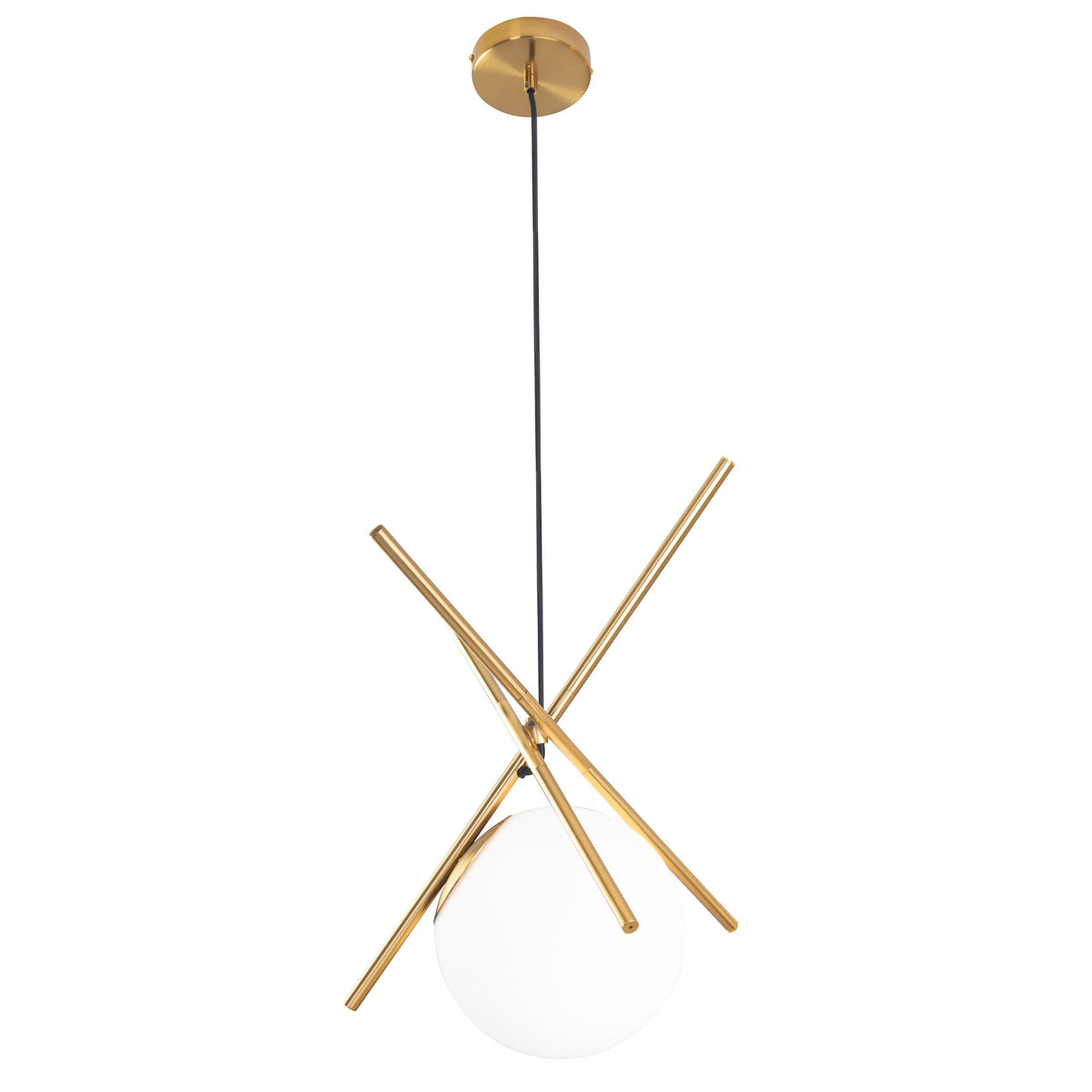 Suspension globe Xena détourée avec sa sphère de verre opale et ses trois tiges croisées finition laiton