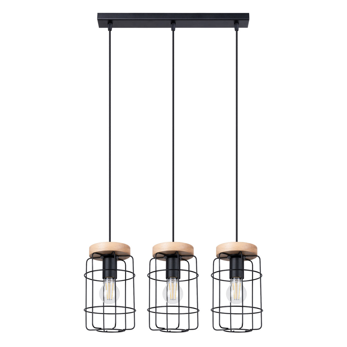 Suspension Gotto trois cages en fil d'acier noir coiffées de disques en bois clair sous une barre de plafond noire
