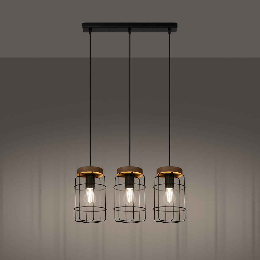 Suspension Gotto 3 cages métal noir et bois E27 allumée, ampoules E27 apparentes dans les cages