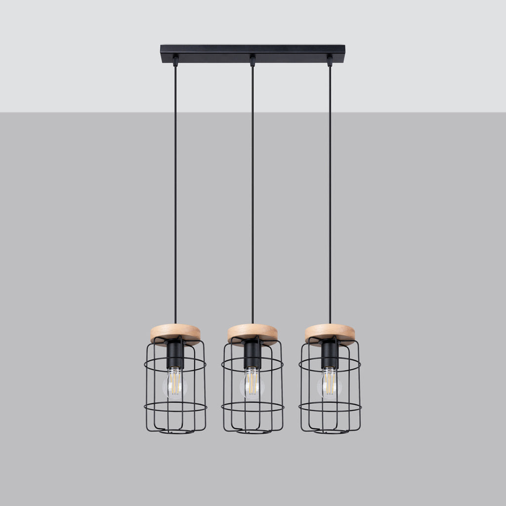 Suspension Gotto 3 cages métal noir et bois E27 de profil