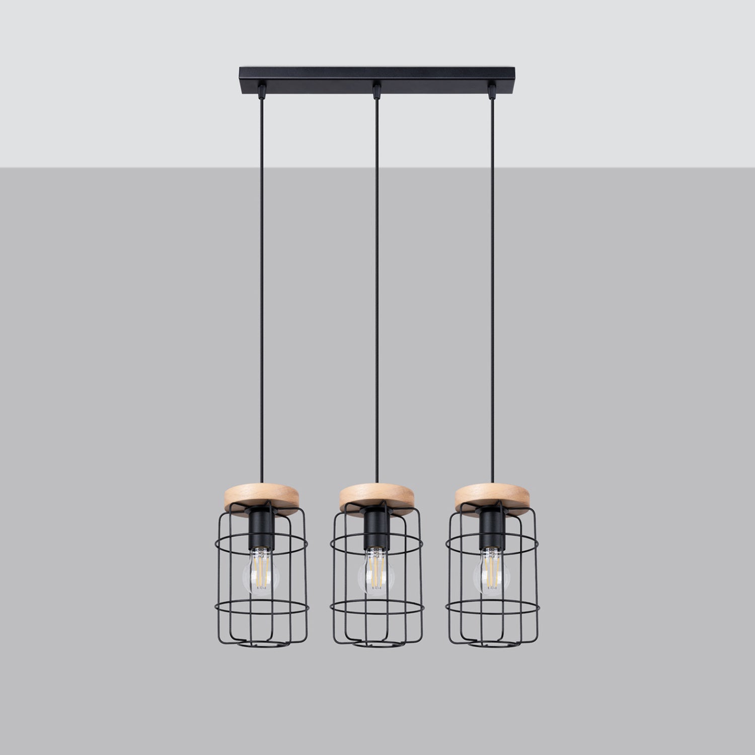 Suspension Gotto 3 cages métal noir et bois E27 de profil