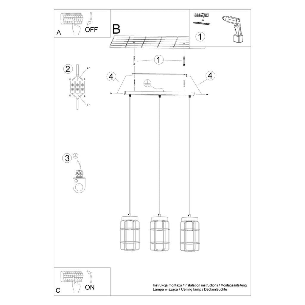 Notice de montage de la Suspension Gotto 3 cages métal noir et bois E27