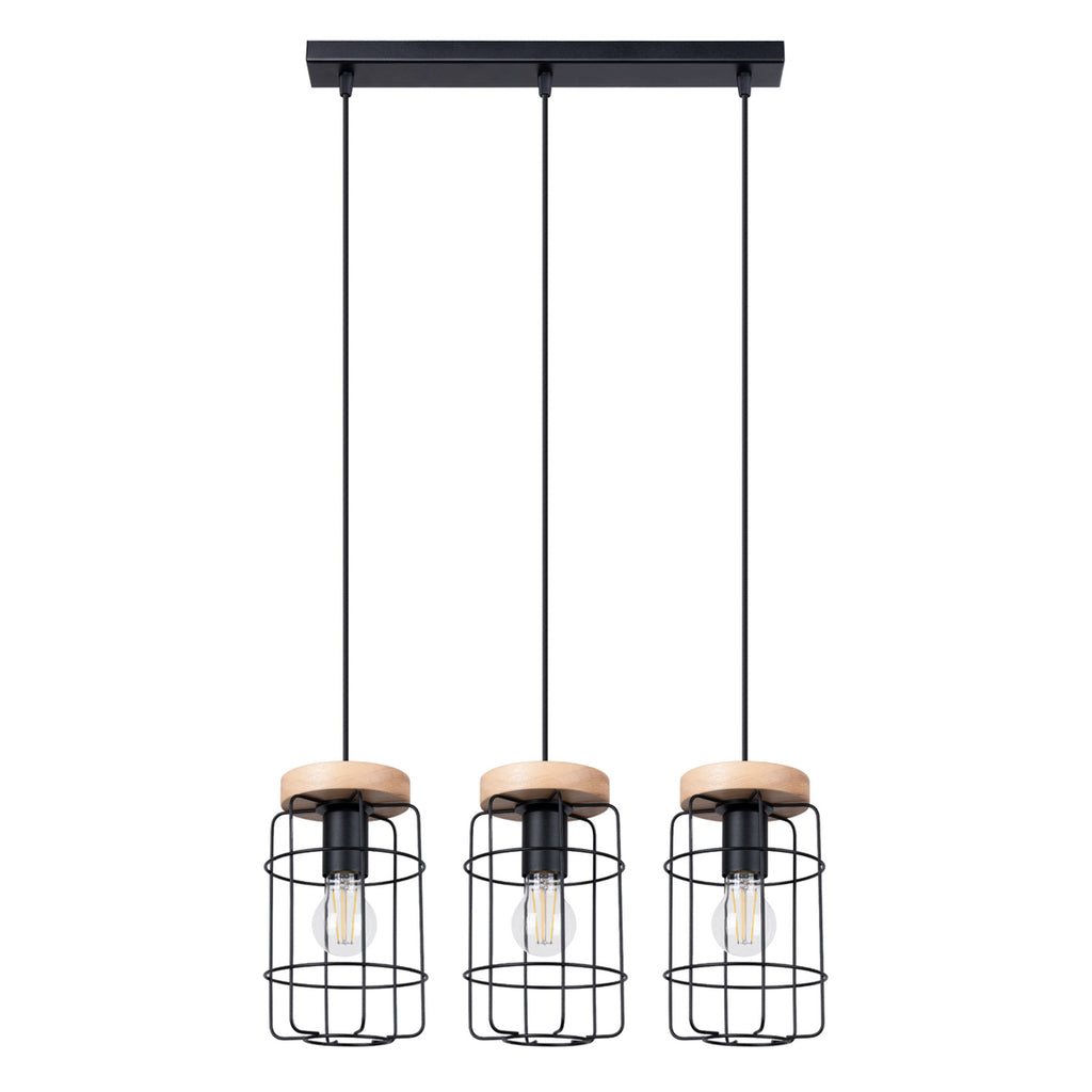 Suspension Gotto 3 cages métal noir et bois E27, trois cages en fil d'acier noir coiffées de bois naturel, ampoules E27 apparentes