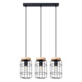 Suspension Gotto 3 cages métal noir et bois E27, trois cages en fil d'acier noir coiffées de bois naturel, ampoules E27 apparentes