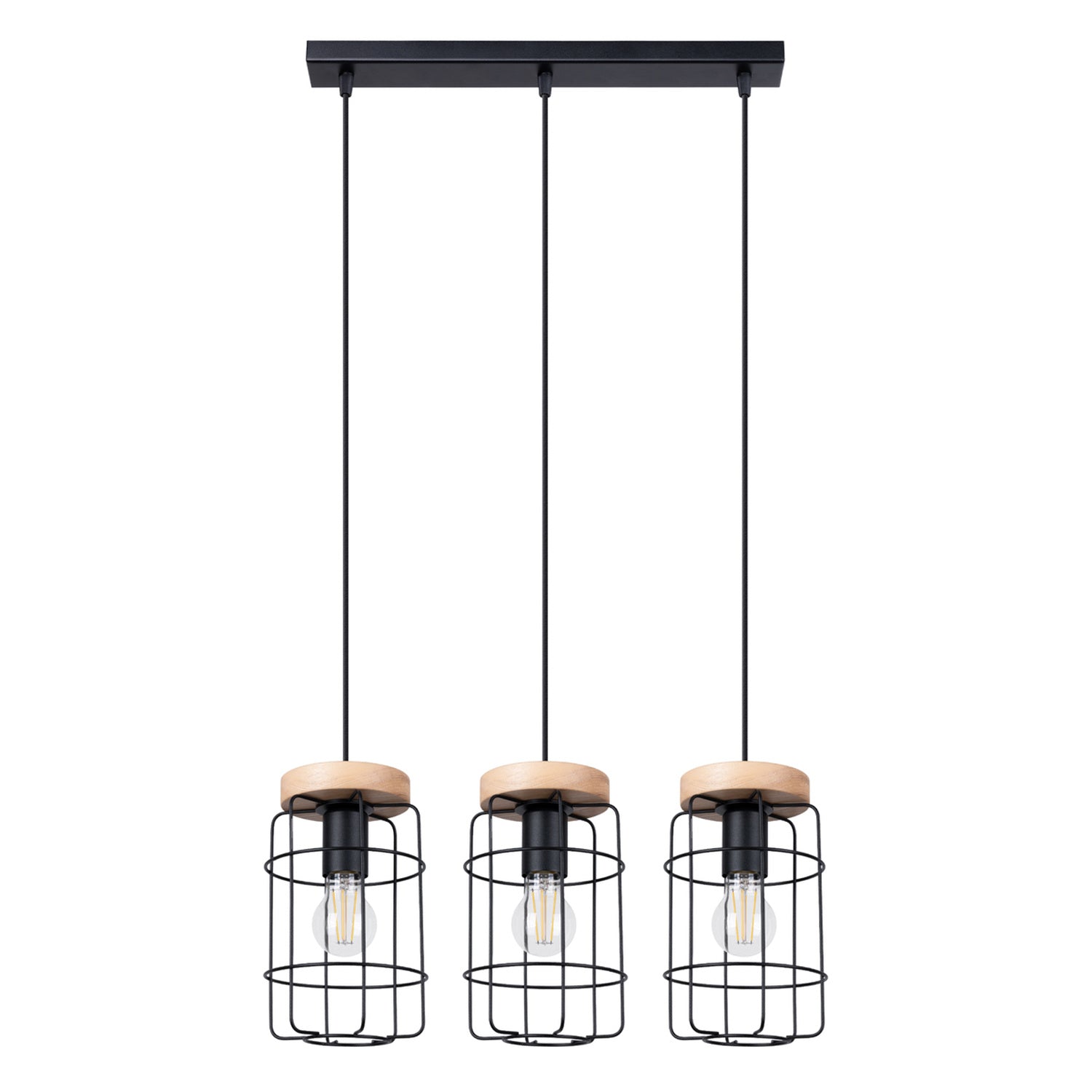 Suspension Gotto 3 cages métal noir et bois E27, trois cages en fil d'acier noir coiffées de bois naturel, ampoules E27 apparentes
