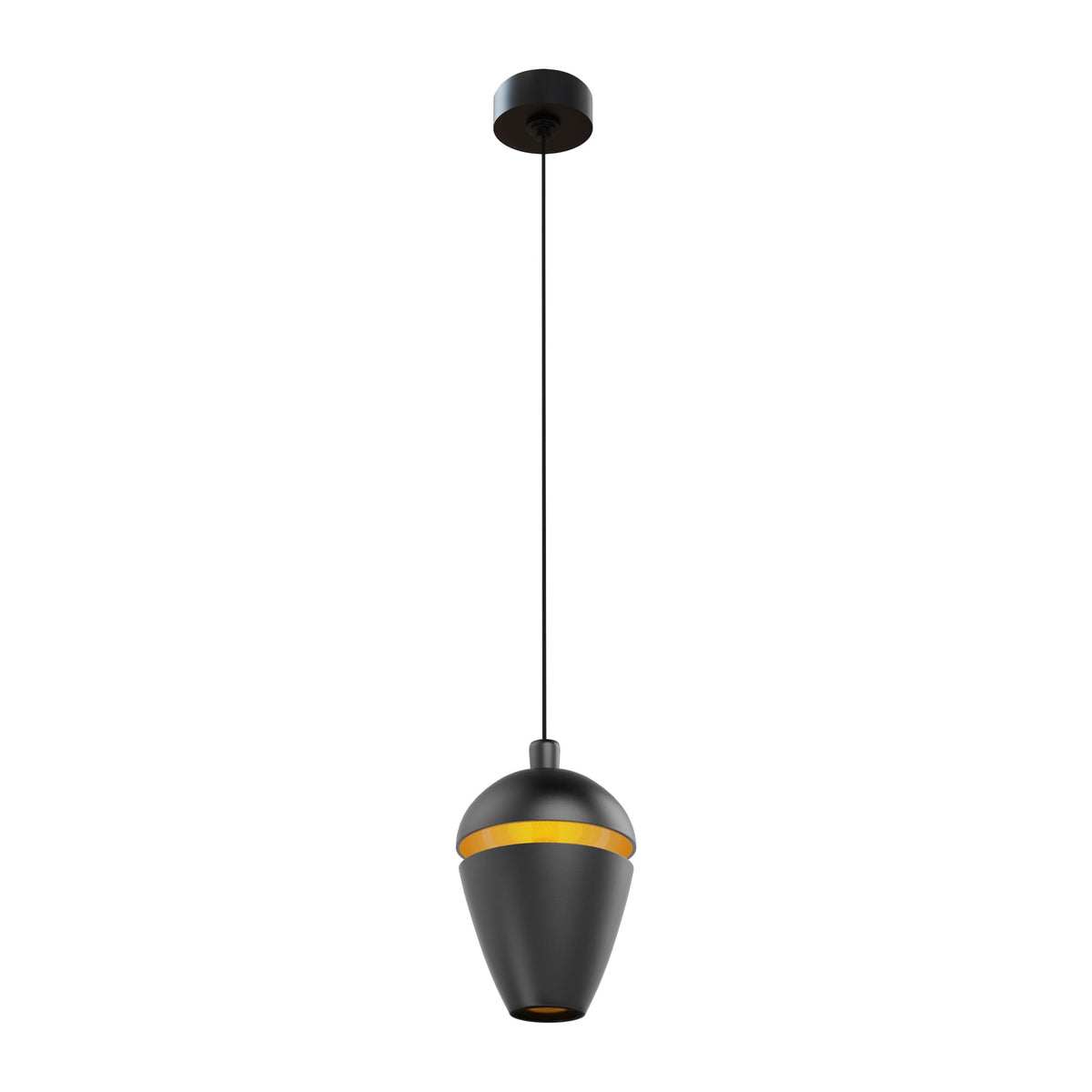 Suspension goutte Cometshine noire à bague dorée sous sa rosace ronde noire sur fond blanc
