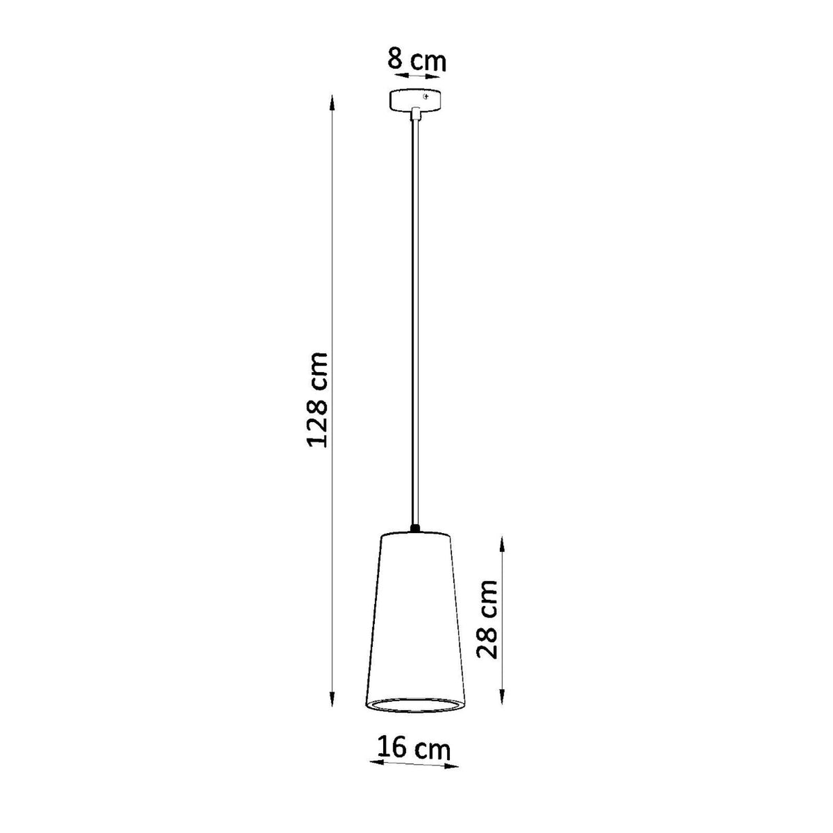 Schéma coté suspension Gulcan hauteur 128 cm abat-jour 16 cm sur 28 cm et rosace de 8 cm