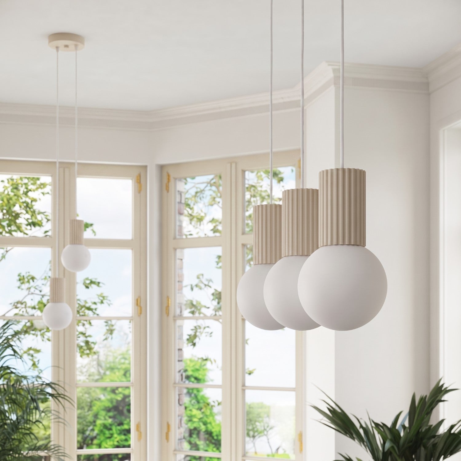 Suspension Halo 2 boules opale barre beige en ambiance