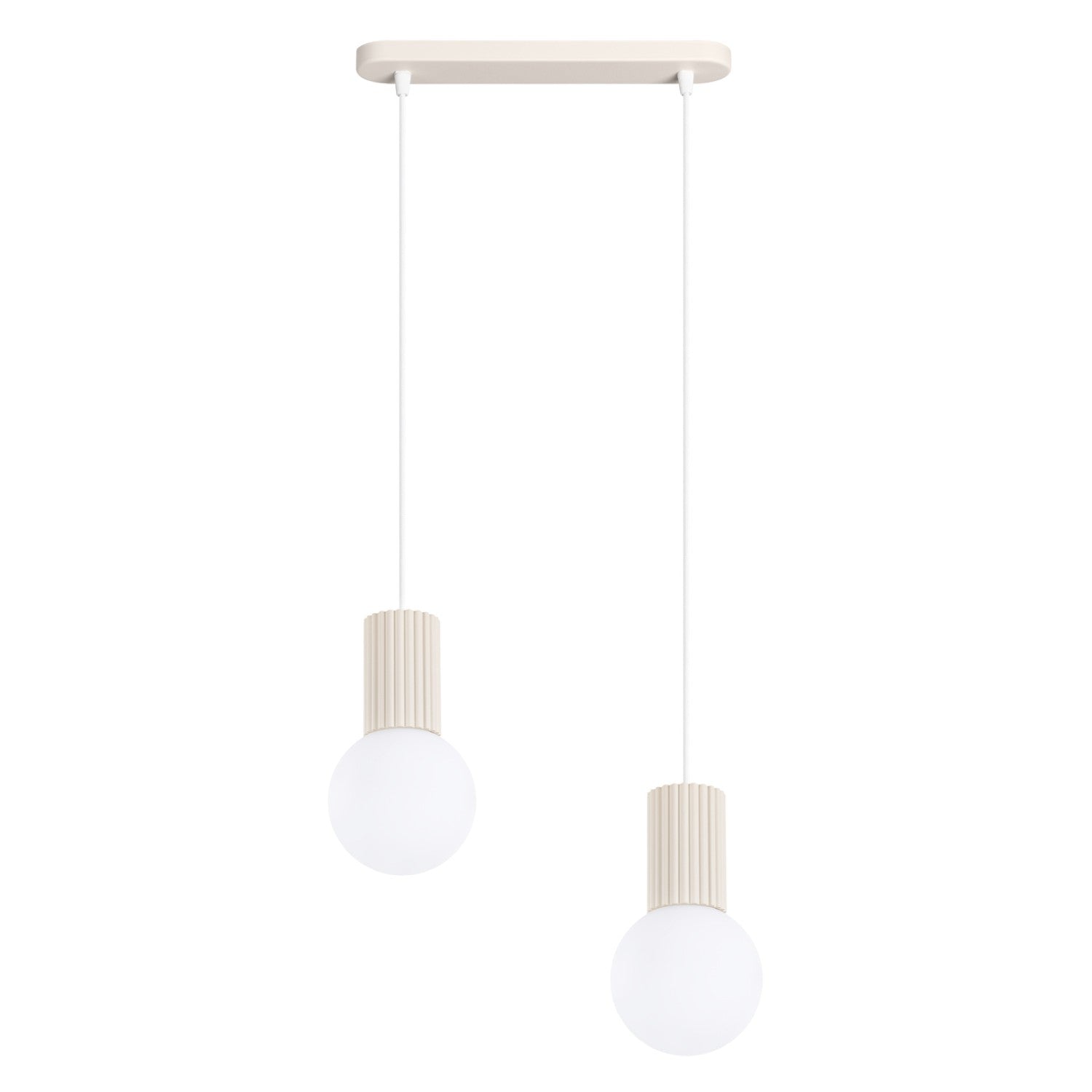 Suspension Halo 2 boules opale barre beige, deux boules de verre opale sous leur barre