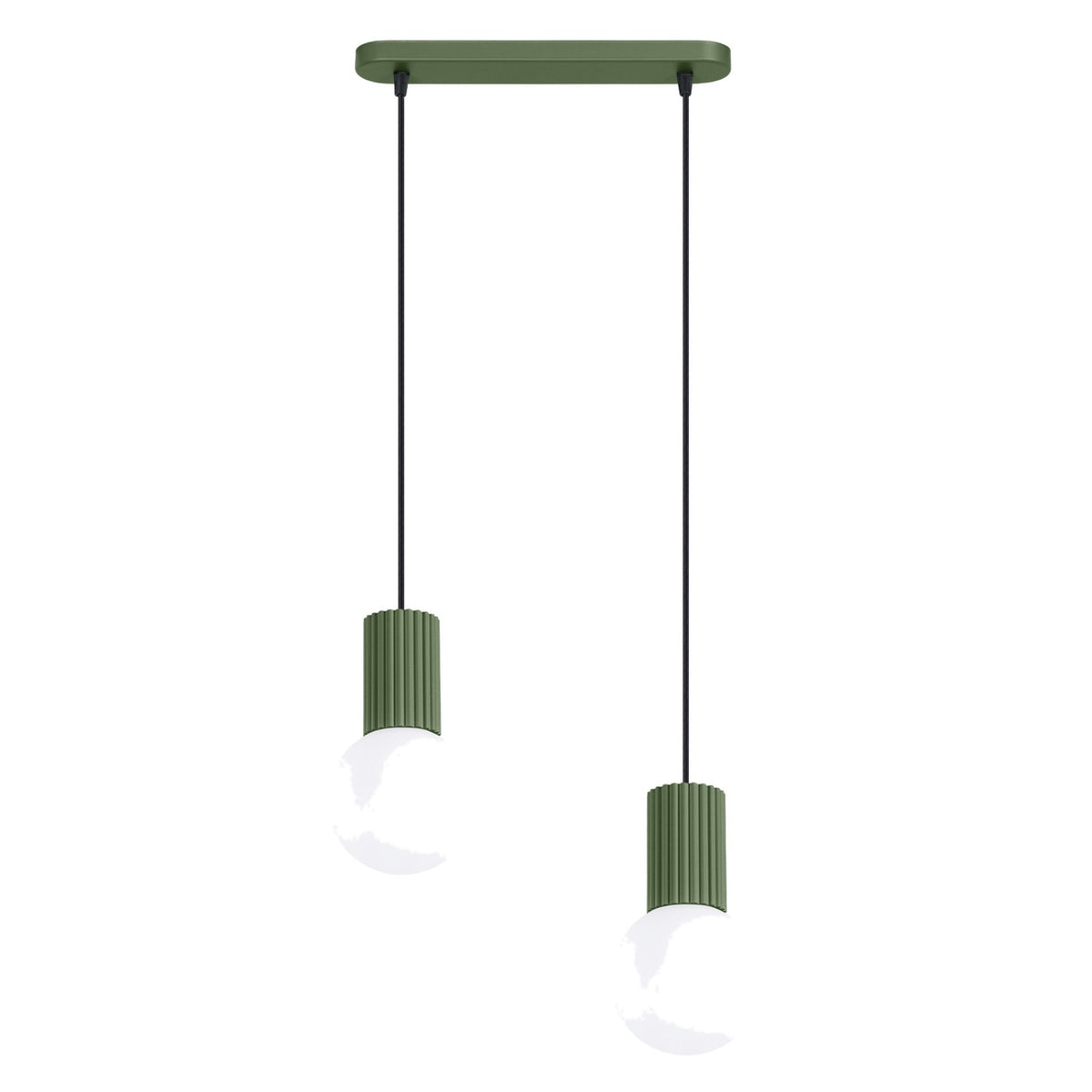 Suspension Halo 2 boules opale barre vert olive, deux boules de verre opale sous leur barre